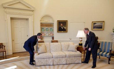 President Obama demonstrates how to move a couch